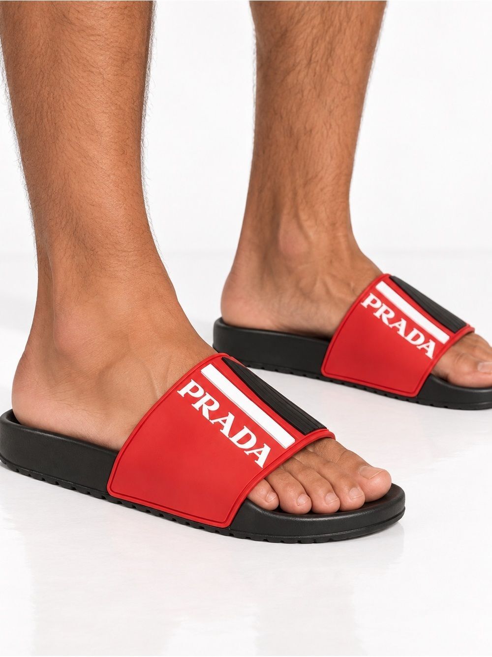 PRADA Sport Men's Black & Red Rubber White Logo Sandal Slides Size 10